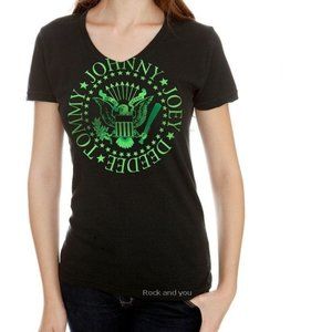 Ramones Green Seal Logo punk rock Official V-neck T-Shirt M NWT
